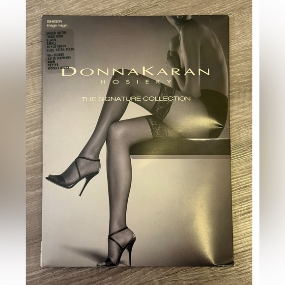 Donna Karan Hosiery Signature Sheer Black Satin Thigh Highs lace Style-0B273 P/S - Picture 4 of 11